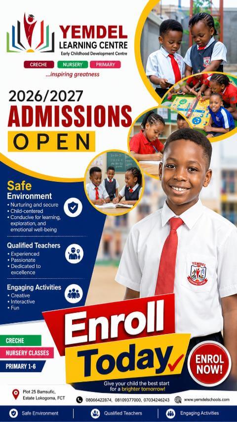 2026/2027 Admissions Open flyer for Creche, Nursery and Primary 1 to 6